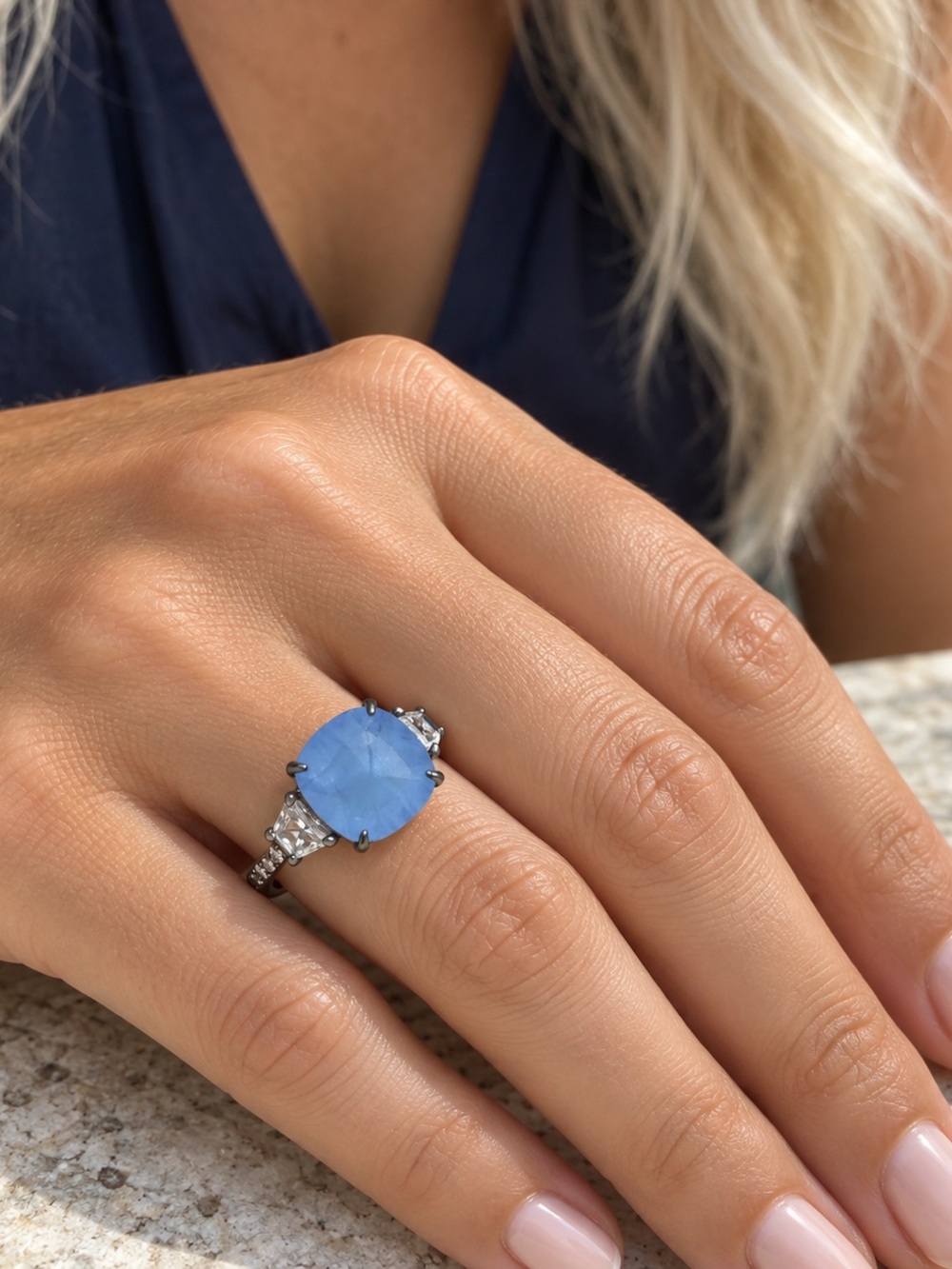 Ocean Blue Quartz Cushion Cut Ring Hematite Plated Three Stone Statement Jewelry